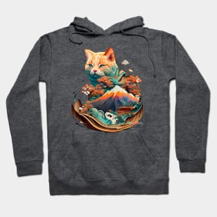 Mt Fuji Wise Yokai Cat Watercolors Hoodie